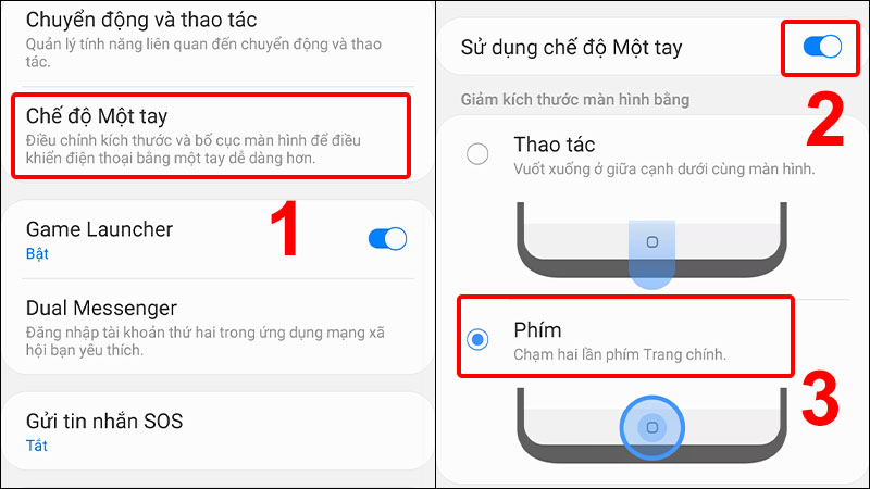 Chọn Chế độ Một tay và kích hoạt