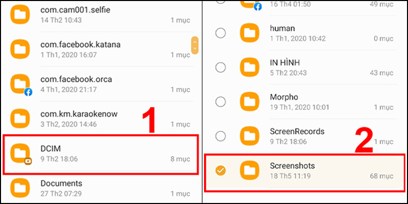 Tìm mục Screenshot trong DCIM (hình ảnh) và xóa đi