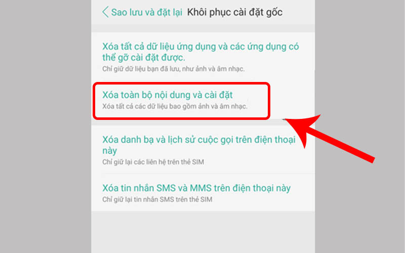 Nhấn vào Xóa toàn bộ nội dung và cài đặt