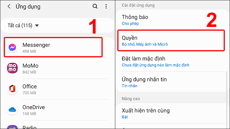 Chọn Messenger và đi tới mục Quyền