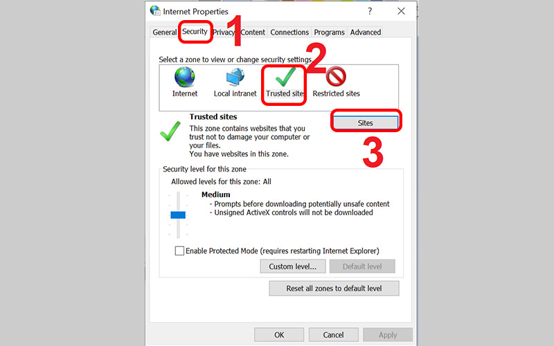 Bấm vào tab Security chọn Trusted site và chọn Sites