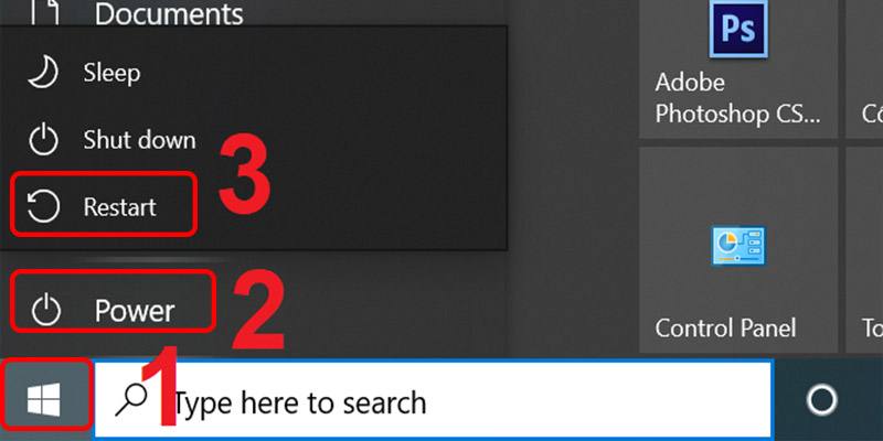Chọn Start sau đó chọn biểu tượng tắt nguồn và nhấn Restart.