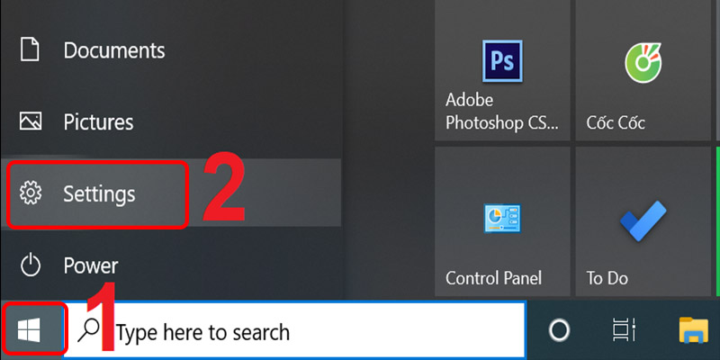 Vào Start và chọn Settings