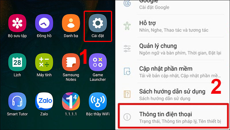 Vào Cài đặt và chọn Thông tin điện thoại