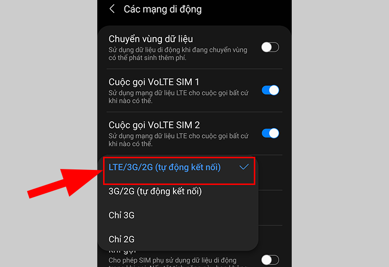 Chọn LTE/3G/2G (tự động kết nối)