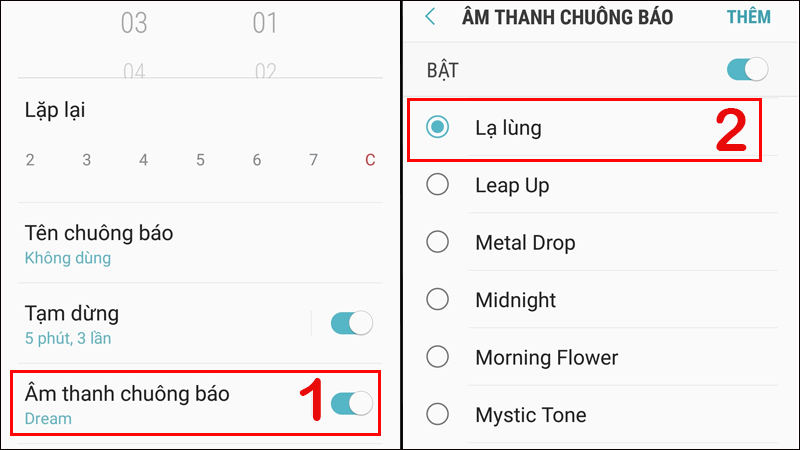 Vào Âm thanh chuông báo để chọn nhạc chuông báo thức