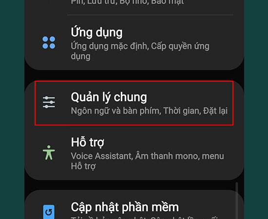 Bước 1: Vào Cài đặt > Chọn Quản lý chung.