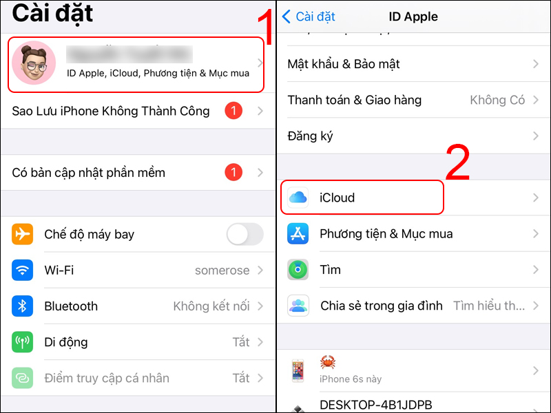 Vào Cài đặt, chọn tên tài khoản của bạn và nhấn vào iCloud