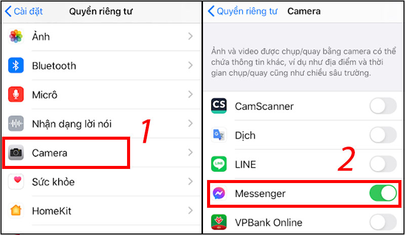 Kiểm tra, chuyển về chế độ cho phép Messenger truy cập camera