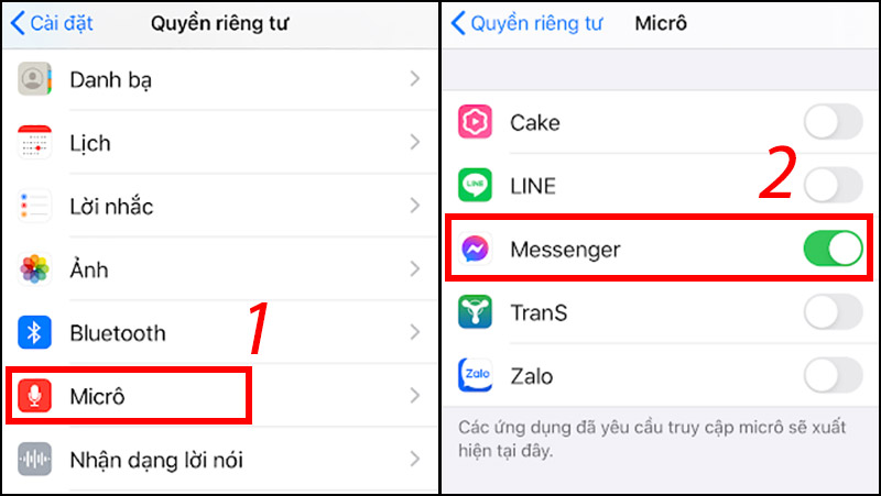 Kiểm tra, chuyển về chế độ cho phép Messenger truy cập micro