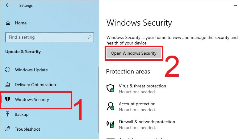Mở Open Windows Security trong mục Windows Security