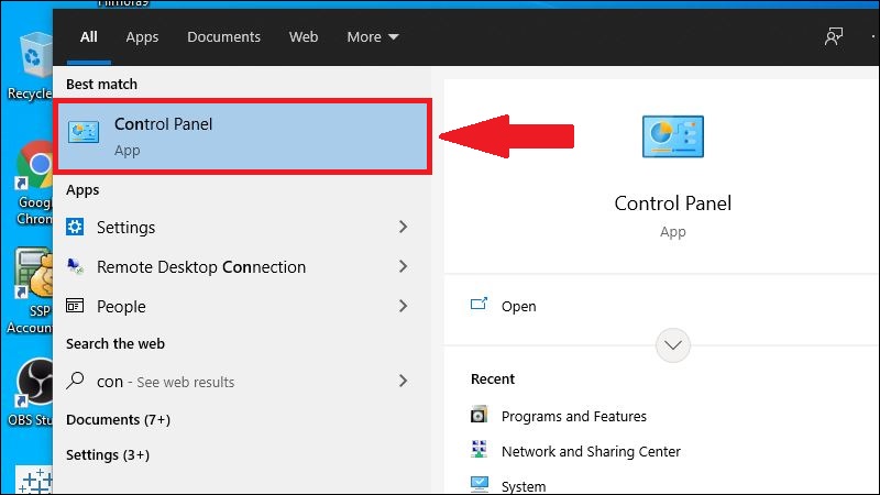 Mở Control Panel bằng thanh Search