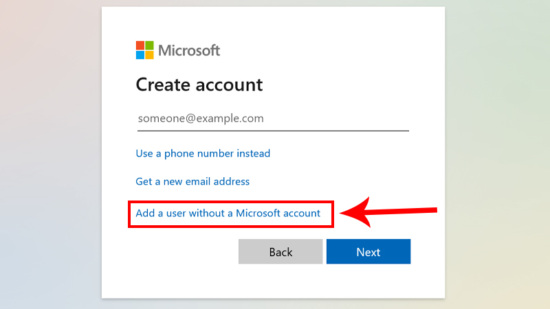 Chọn Add a user without a Microsoft account 