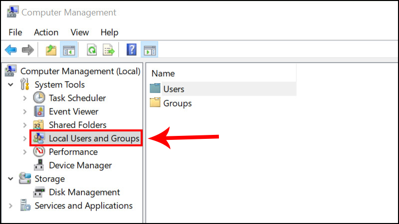 Tìm đến mục Local Users and Groups