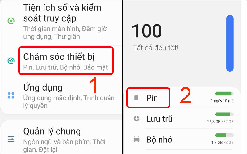 Nhấn vào Pin ở mục Chăm sóc thiết bị