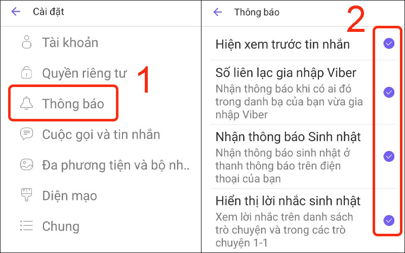 Tick chọn vào các mục Hiển thị thông báo