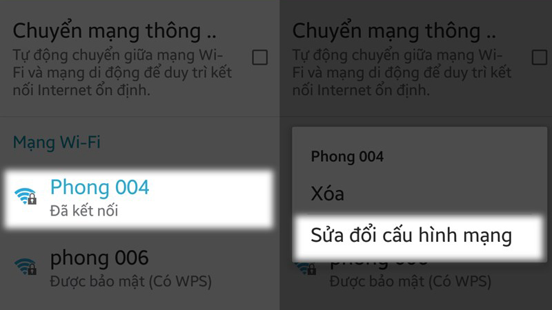 Sửa đổi cấu hình mạng của WiFi đang truy cập