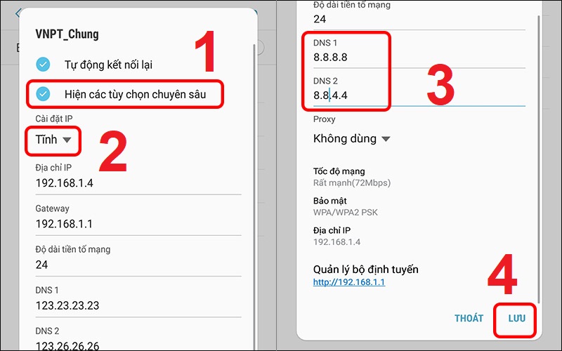 Thay đổi DNS 1 và DNS 2