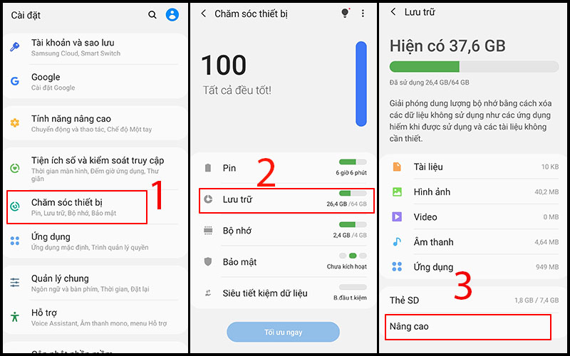 Cài đặt > Chăm sóc thiết bị > Chọn Lưu trữ > Chọn Nâng cao