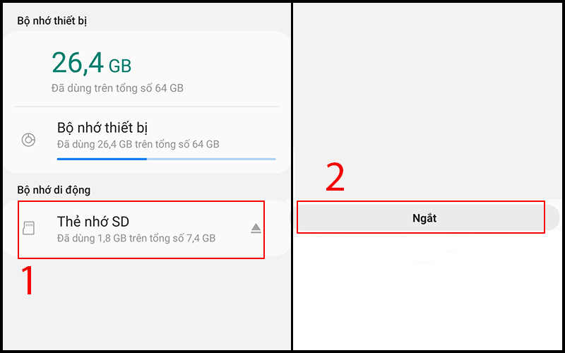 Chọn Thẻ nhớ SD > Ngắt thẻ nhớ trên thiết bị