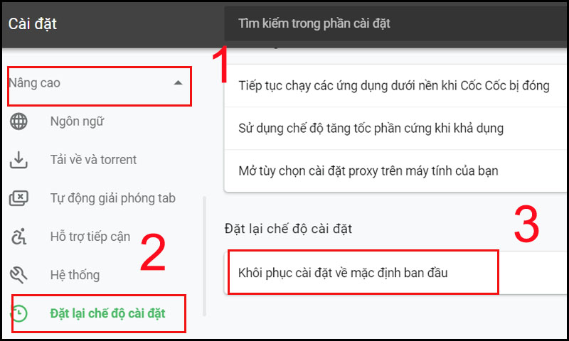 Khôi phục Cốc Cốc về mặc định ban đầu.