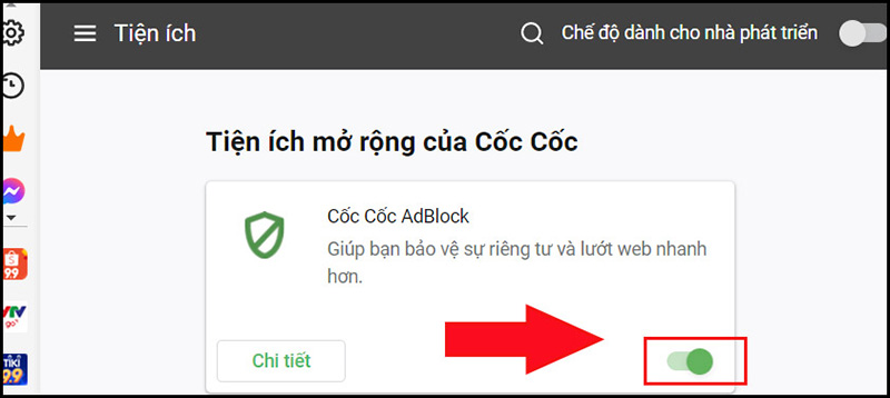 Xóa các tiện ích mở rộng của Cốc Cốc