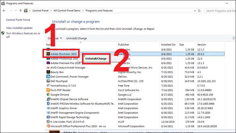 Nhấn chuột phải vào chương trình bị lỗi rồi nhấn Uninstall/Change để gỡ cài đặt