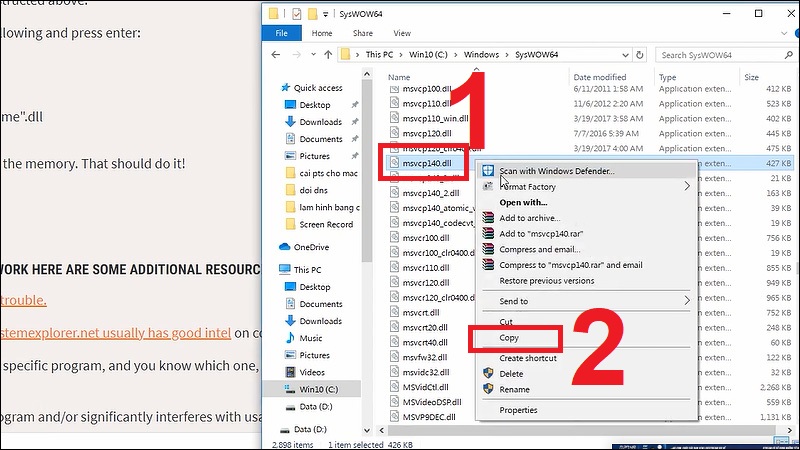 Nhấn chuột phải vào file MSVCP140.dll rồi nhấn Copy để sao chép file