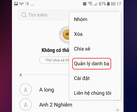 Bước 3: Sau đó bạn chọn Quản lý danh bạ.