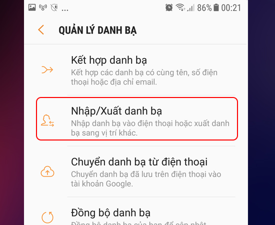 Bước 4: Tại đây bạn chọn Nhập/ Xuất danh bạ.