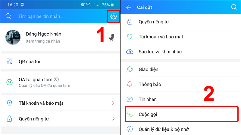 Nhấn vào Cài đặt và chọn Cuộc gọi