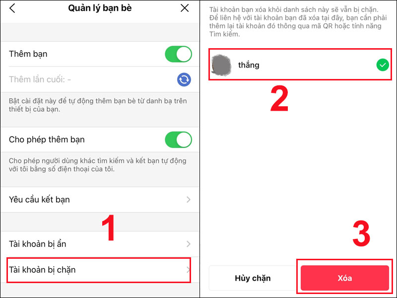 Chọn Tài khoản bị chặn và chọn tên người dùng mà bạn muốn bỏ chặn 