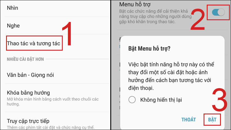 Kéo sang phải mục Menu hỗ trợ > Chọn Bật