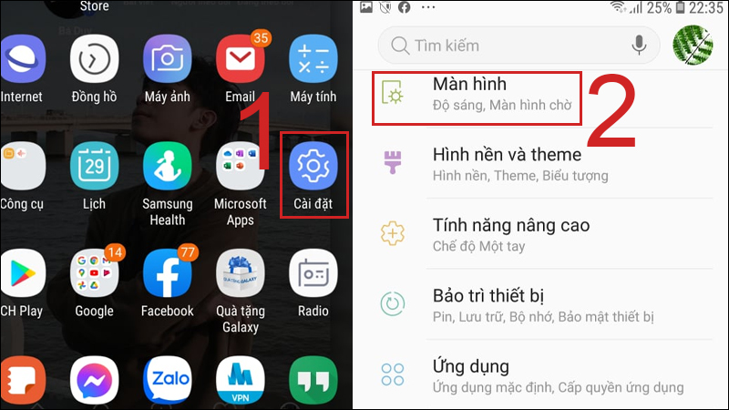 Chọn Cài đặt, nhấn vào mục Màn hình