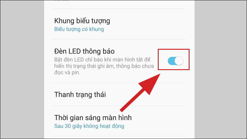 Kéo sang phải mục Đèn LED thông báo để Bật đèn LED 