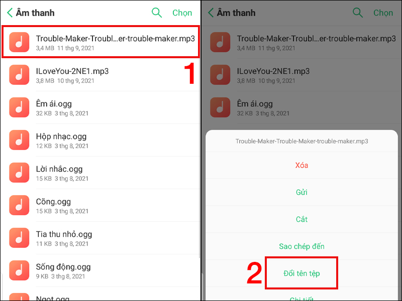 Nhấn giữ bài hát cần đổi tên và chọn Đổi tên tệp