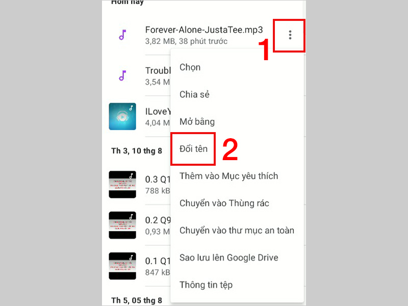 Chọn dấu 3 chấm bên phải bài hát muốn đổi tên và chọn Đổi tên