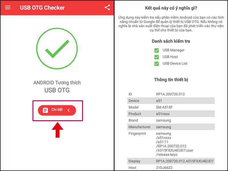 Ứng dụng USB OTG Checker sẽ tự động kiểm tra và cho kết quả ngay lập tức