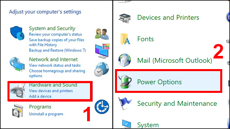 Vào Power Options