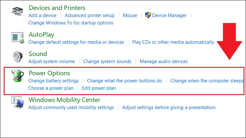 Vào Power Options