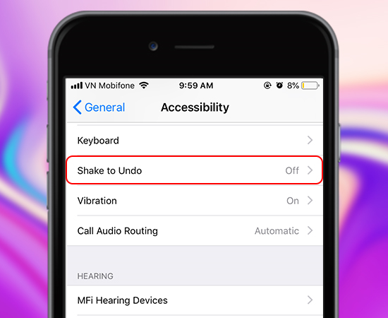 Tìm và vào Shake to Undo và bật chế độ