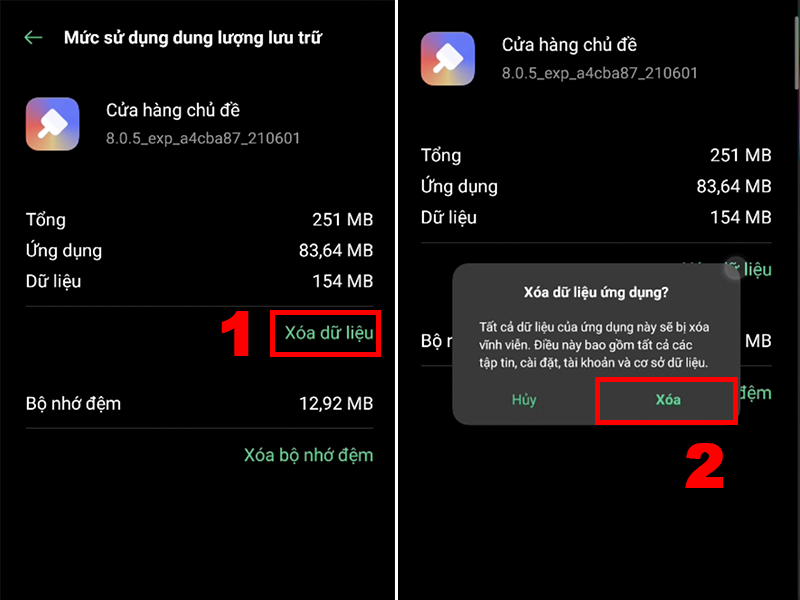 Chọn Xoá dữ liệu