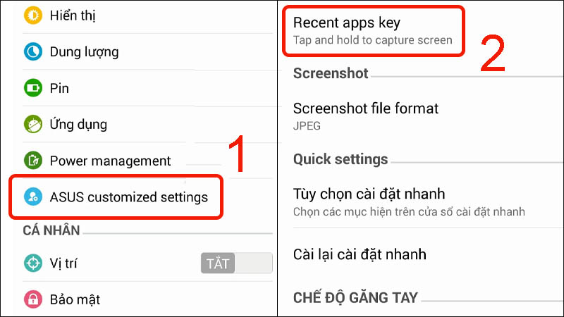 Nhấn vào mục Asus customized settings rồi chọn Recent apps key