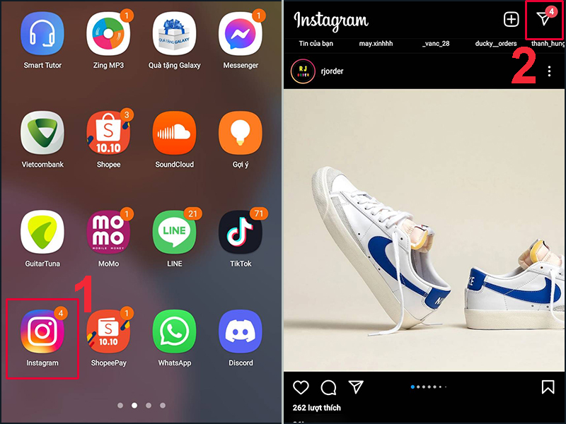 Mở Instagram và chọn biểu tượng mũi tên ở góc phải màn hình điện thoại
