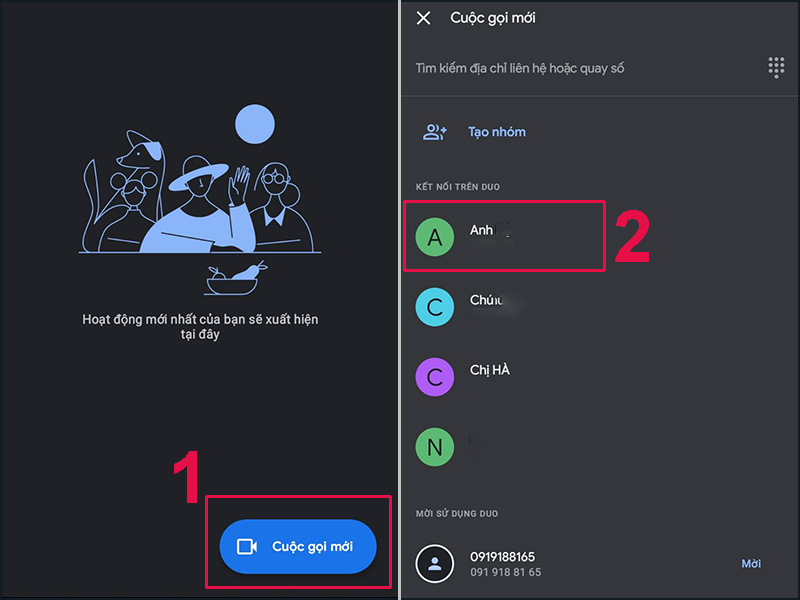Chọn số liên lạc hoặc tên danh bạ mà bạn muốn gọi video bằng Google Duo