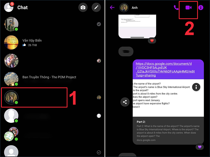Ấn chọn biểu tượng camera trong một cuộc trò chuyện để gọi video bằng Messenger