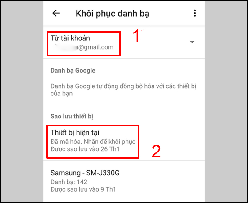 Chọn tài khoản và thiết bị khôi phục