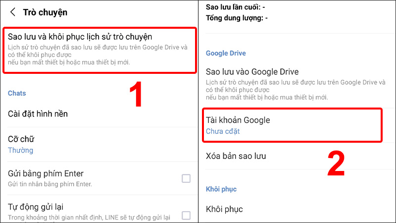  Chọn Sao lưu và khôi phục lịch sử trò chuyện và nhấn vào Tài khoản Google