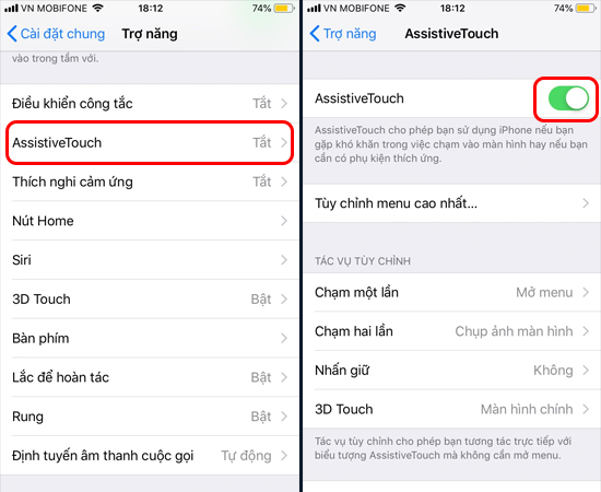 Bước 4: Tại đây, bạn chọn vào AssistiveTouch và bật nó lên.