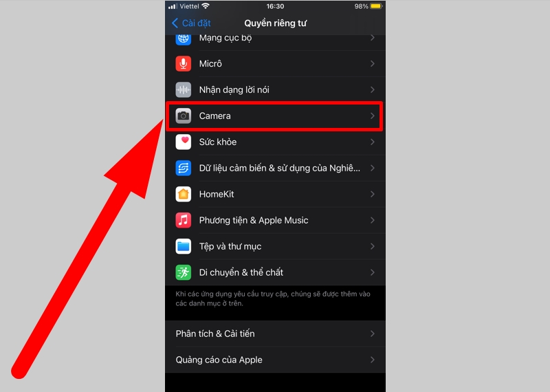 Chọn Camera ở mục Cài đặt
